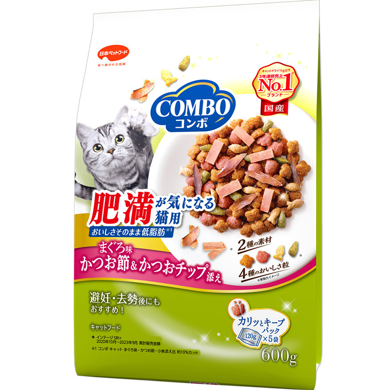 ［日本ペットフード］コンボ キャット 肥満が気になる猫用 まぐろ味・かつお節・かつおチップ添え600g