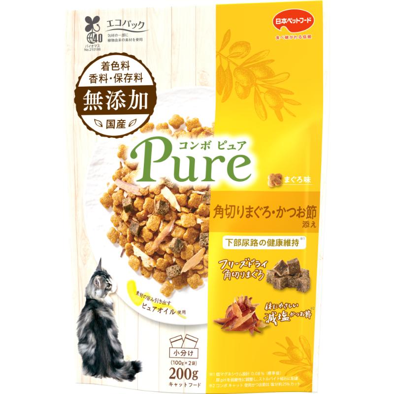 ［日本ペットフード(直送)］コンボ ピュア キャット まぐろ味・角切りまぐろ・かつお節添え 200g(100g×2袋) ※メーカー直送 ※発注単位・最低発注数量(混載30ケース以上)にご注意下さい