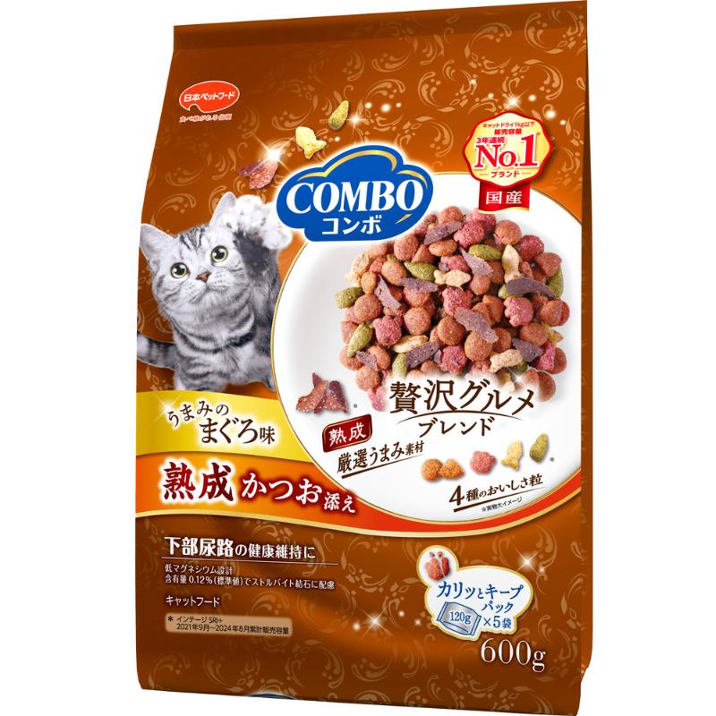 ［日本ペットフード(直送)］コンボ キャット まぐろ味・熟成かつお添え 600g(120g×5袋) ※メーカー直送 ※発注単位・最低発注数量(混載30ケース以上)にご注意下さい