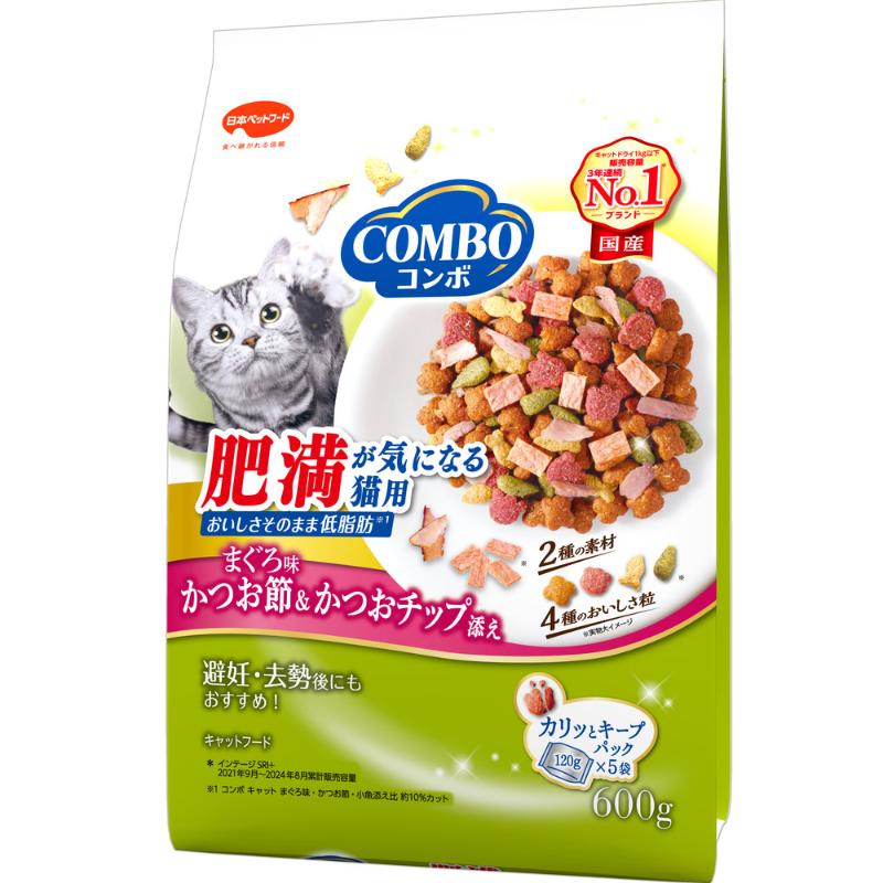 ［日本ペットフード(直送)］コンボ キャット 肥満が気になる猫用 まぐろ味・かつお節・かつおチップ添え600g(120g×5袋) ※メーカー直送 ※発注単位・最低発注数量(混載30ケース以上)にご注意下さい