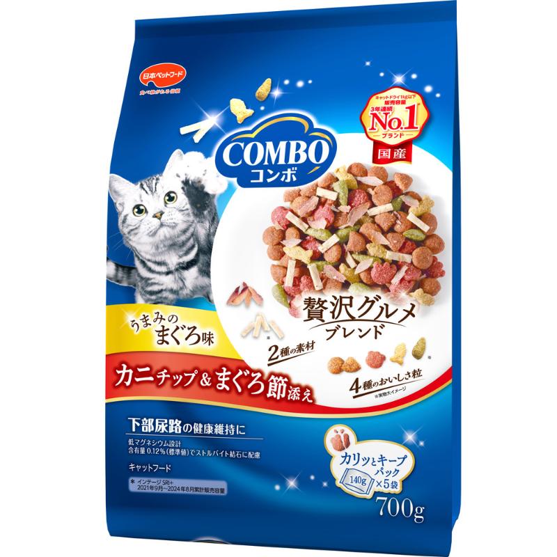 ［日本ペットフード(直送)］コンボ キャット まぐろ味・カニチップ・まぐろ節添え 700g(140g×5袋) ※メーカー直送 ※発注単位・最低発注数量(混載30ケース以上)にご注意下さい
