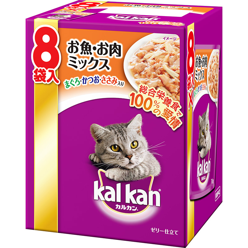 ［マース］カルカン パウチ 1歳から お魚・お肉ミックス まぐろ・かつお・ささみ入り 70g 8袋パック　【3月特価】