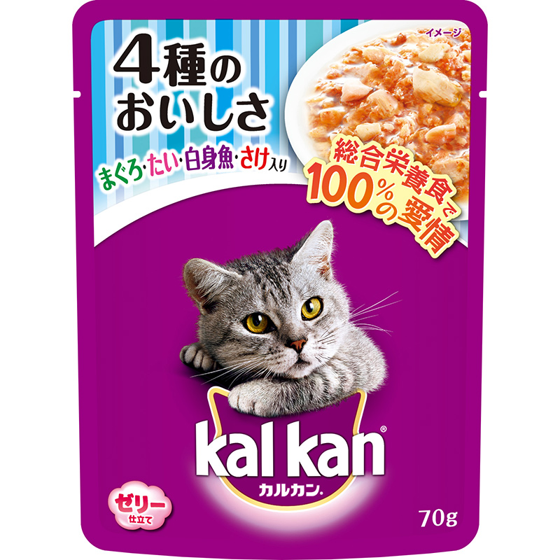 ［マース］カルカン パウチ 4種のおいしさ まぐろ・たい・白身魚・さけ入り 70g　【3月特価】