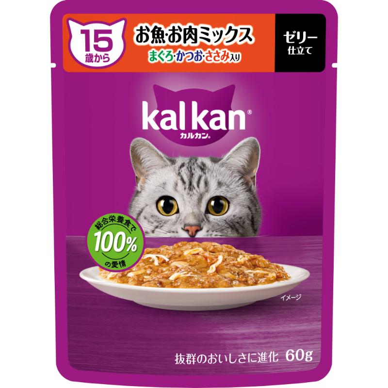 ［マースジャパン］カルカン パウチ 15歳から お魚・お肉ミックス まぐろ・かつお・ささみ入り 60g