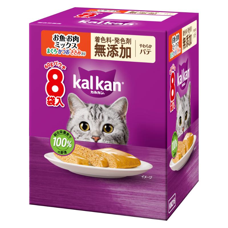 ［マースジャパン］カルカンパウチ やわらかパテ お魚・お肉ミックス まぐろ・かつお・ささみ入り 着色料・発色剤 無添加 60g×8袋パック