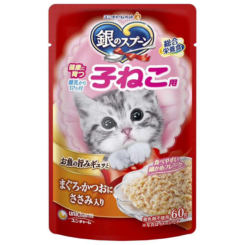 [ユニ・チャーム] 銀のスプーンパウチ 健康に育つ子ねこ用 まぐろ・かつおにささみ入り 60g