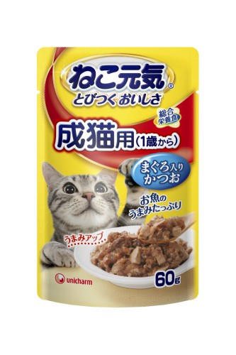 [ユニ・チャーム] ねこ元気 総合栄養食 パウチ成猫用(1歳から）まぐろ入りかつお 60g