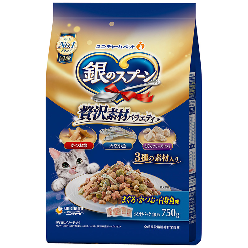 [ユニ・チャーム] 銀のスプーン 贅沢素材バラエティ まぐろ・かつお・白身魚味 750g