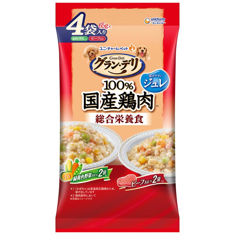 [ユニ・チャーム] グラン・デリ 100％国産鶏肉パウチ 総合栄養食ジュレ 成犬用 緑黄色野菜入り&ビーフ入り 65g×4袋