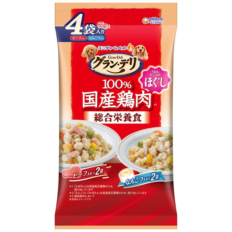 [ユニ・チャーム] グラン・デリ 100％国産鶏肉パウチ 総合栄養食ほぐし 成犬用 なんこつ入り&ビーフ入り 65g×4袋