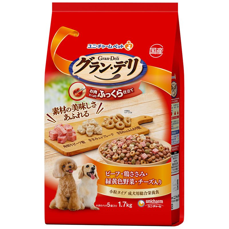 [ユニ・チャーム] グラン・デリ ふっくら仕立て ビーフ・鶏ささみ・緑黄色野菜・チーズ・角切りビーフ粒入り 1.7kg　　【メーカーフェア_10】