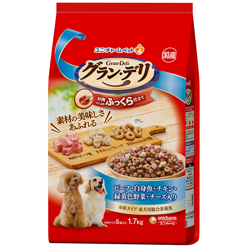 [ユニ・チャーム] グラン・デリ ふっくら仕立て ビーフ・白身魚・チキン・緑黄色野菜・チーズ・角切りビーフ粒入り 1.7kg　　【メーカーフェア_10】