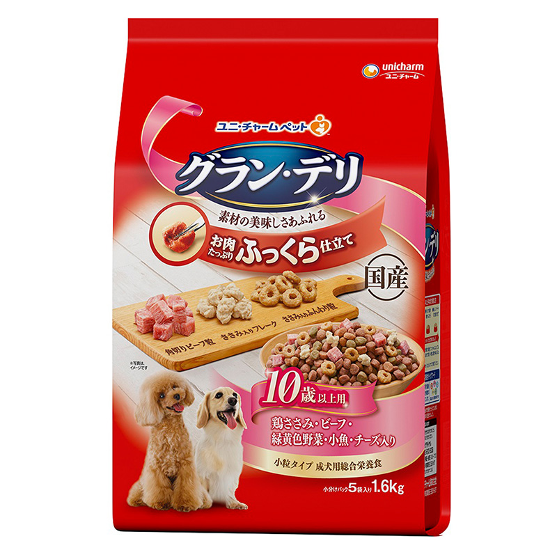 [ユニ・チャーム] グラン・デリ ふっくら仕立て 10歳以上用 鶏ささみ・ビーフ・緑黄色野菜・小魚・チーズ・角切りビーフ粒入り 1.6kg　　【メーカーフェア_10】