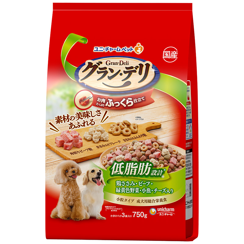 [ユニ・チャーム] グラン・デリ ふっくら仕立て 低脂肪 鶏ささみ・ビーフ・緑黄色野菜・小魚・角切りビーフ粒入り 750g