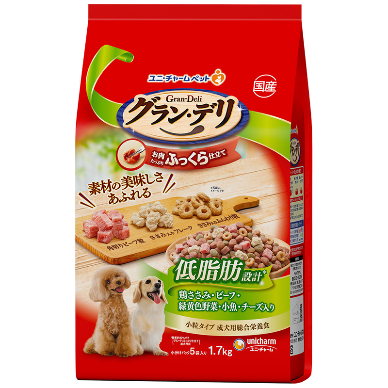[ユニ・チャーム] グラン・デリ ふっくら仕立て 低脂肪 鶏ささみ・ビーフ・緑黄色野菜・小魚・角切りビーフ粒入り 1.7kg　　【メーカーフェア_10】