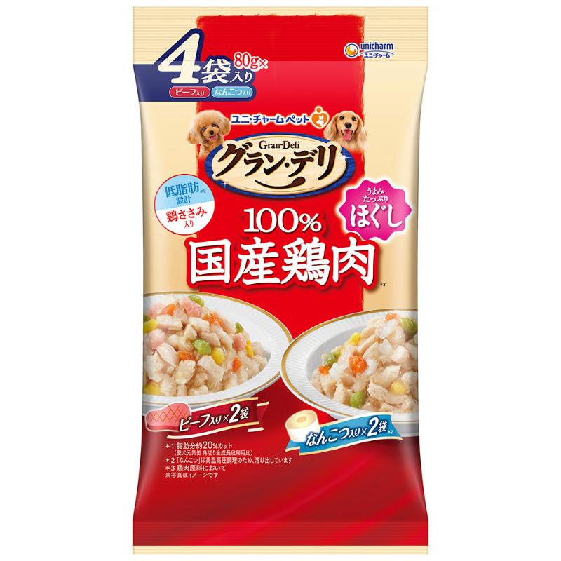 [ユニ・チャーム] グラン・デリ 100％国産鶏パウチ ほぐし 成犬用 ビーフ＆なんこつ 80g×4袋