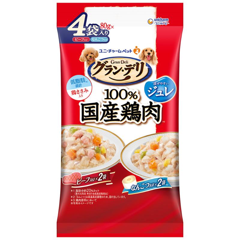 [ユニ・チャーム] グラン・デリ 100％国産鶏肉パウチ ジュレ 成犬用 ビーフ入り・なんこつ入り 80g×4袋