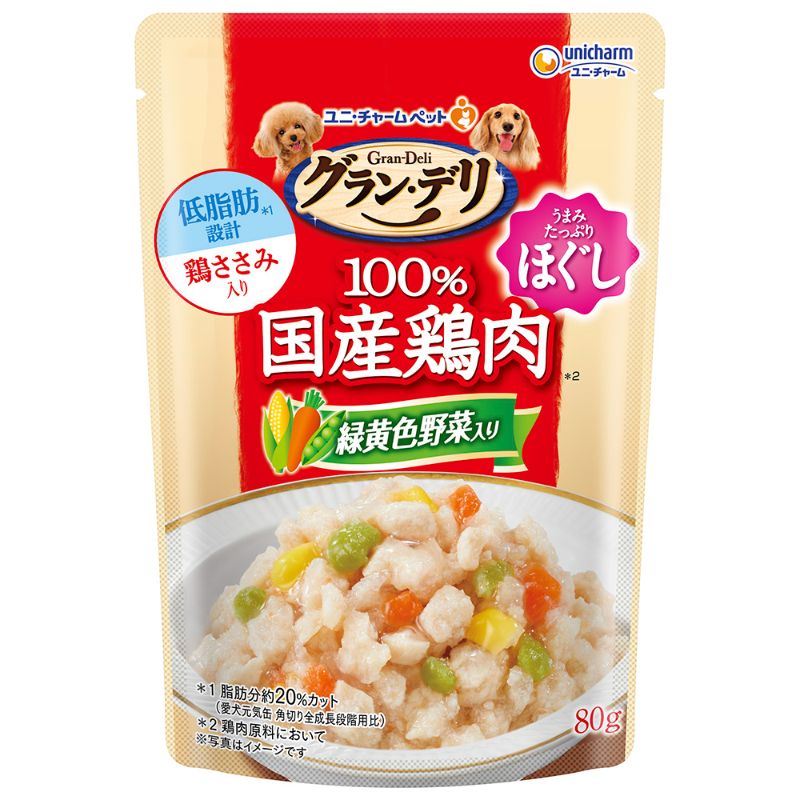 [ユニ・チャーム] グラン・デリ 100％国産鶏肉パウチ ほぐし 成犬用 緑黄色野菜入り 80g