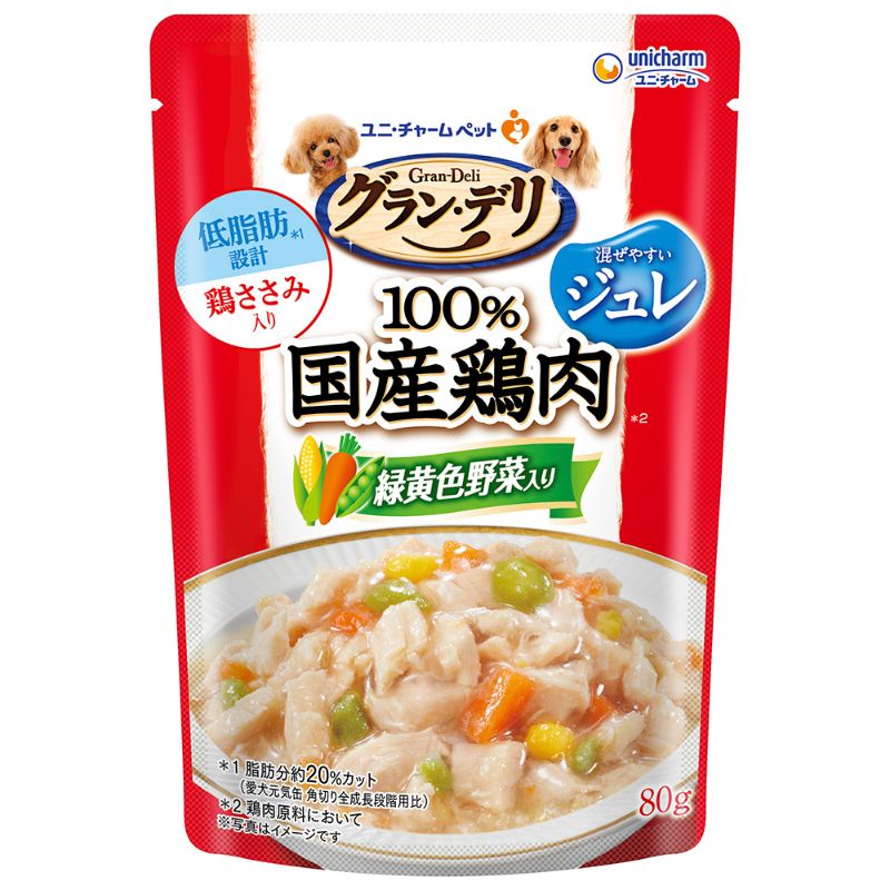 [ユニ・チャーム] グラン・デリ 100％国産鶏肉パウチ ジュレ 成犬用 緑黄色野菜入り 80g