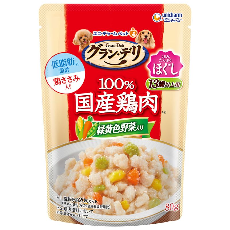 [ユニ・チャーム] グラン・デリ 100％国産鶏肉パウチ ほぐし 13歳以上用 緑黄色野菜入り 80g