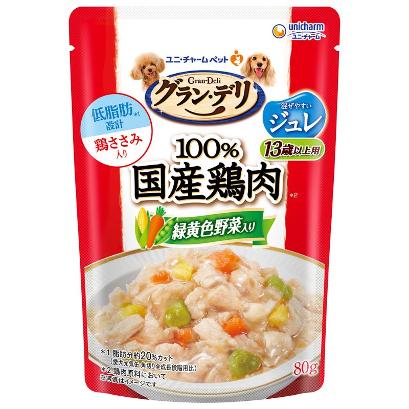 [ユニ・チャーム] グラン・デリ 100％国産鶏肉パウチ ジュレ 13歳以上用 緑黄色野菜入り 80g
