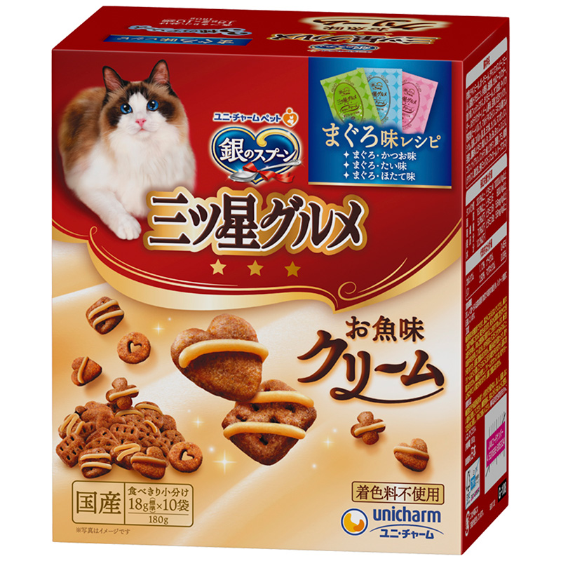 [ユニ・チャーム] 銀のスプーン 三ツ星グルメ お魚味クリーム まぐろ味レシピ3種のアソート 180g　【メーカーフェア_10】