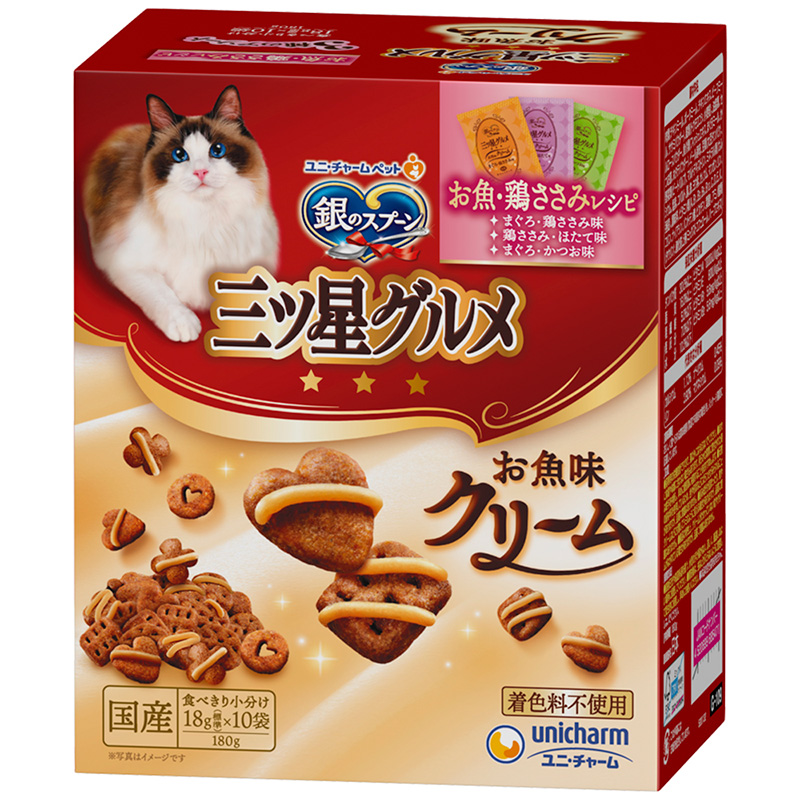 [ユニ・チャーム] 銀のスプーン 三ツ星グルメ お魚味クリーム お魚・鶏ささみレシピ3種のアソート 180g　【メーカーフェア_10】