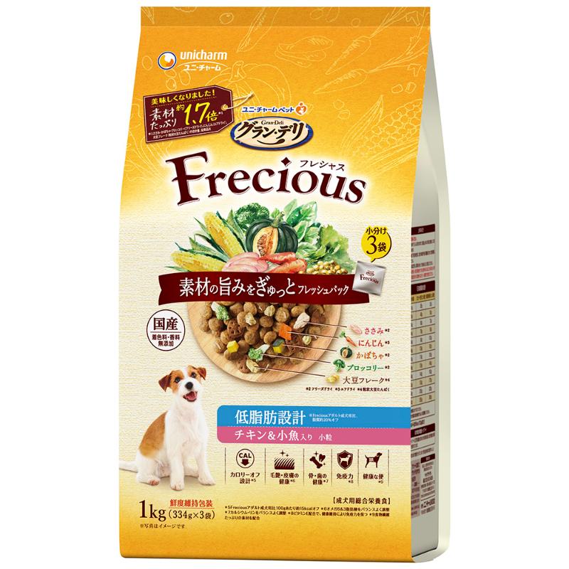 ［ユニ・チャーム］グラン・デリ Frecious アダルト成犬用 低脂肪設計 チキン＆小魚入り 1kg