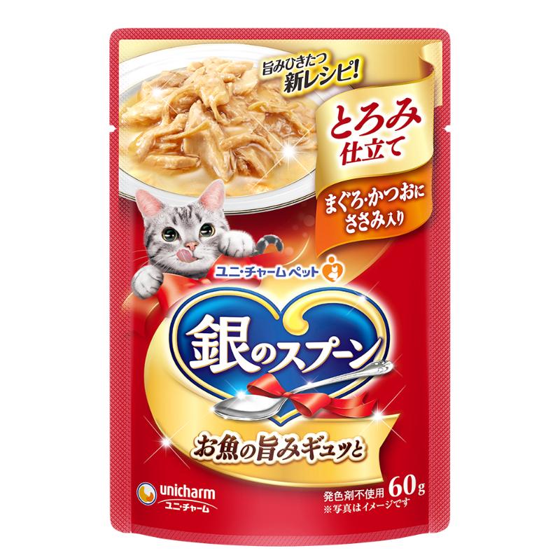 ［ユニ・チャーム］銀のスプーン パウチ とろみ仕立て まぐろ・かつおにささみ入り 60g