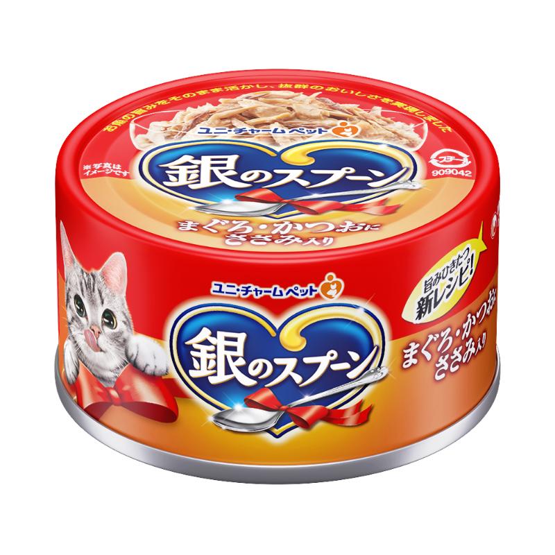 ［ユニ・チャーム］銀のスプーン 缶 まぐろ・かつおにささみ入り 70g