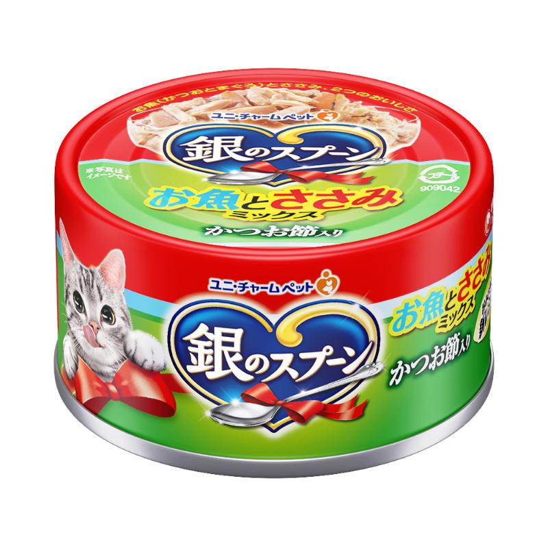 ［ユニ・チャーム］銀銀のスプーン 缶 お魚とささみミックス かつお節入り 70g
