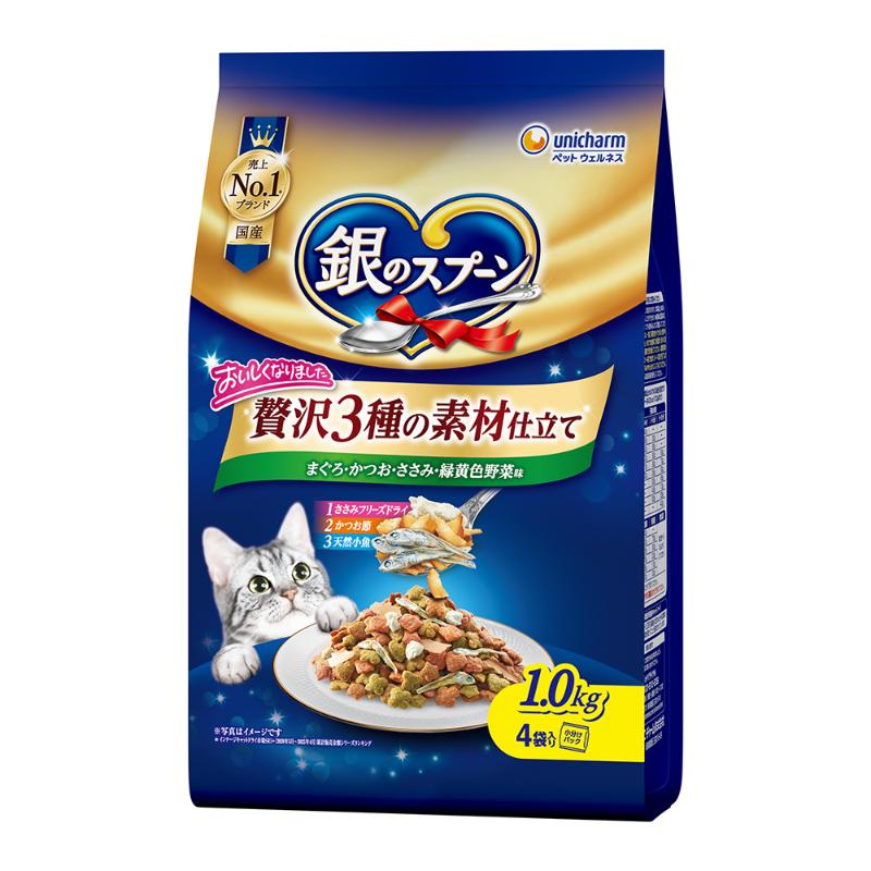 ［ユニ・チャーム］銀のスプーン 贅沢3種の素材仕立て まぐろ・かつお・ささみ・野菜味 1.0kg