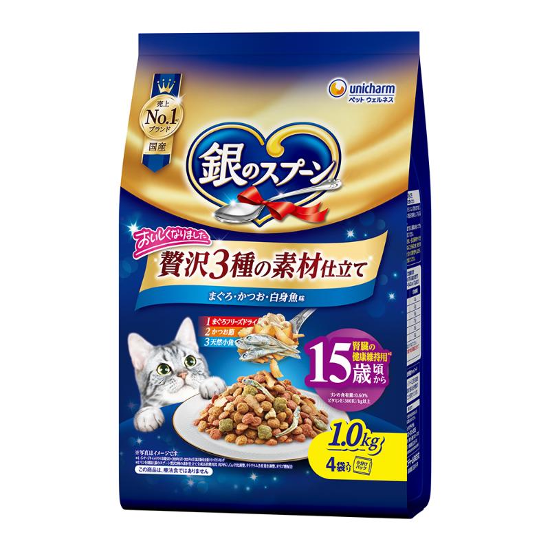 ［ユニ・チャーム］銀のスプーン 贅沢3種の素材仕立て 15歳頃から まぐろ・かつお・白身魚味 1.0kg