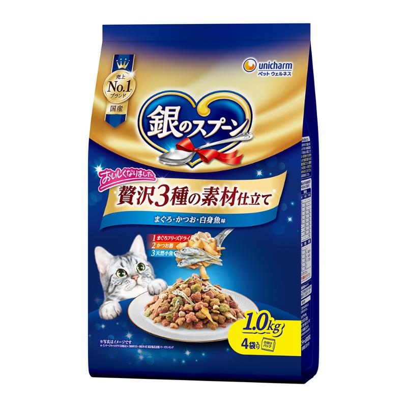 ［ユニ・チャーム］銀のスプーン 贅沢3種の素材仕立て まぐろ・かつお・白身魚味 1.0kg