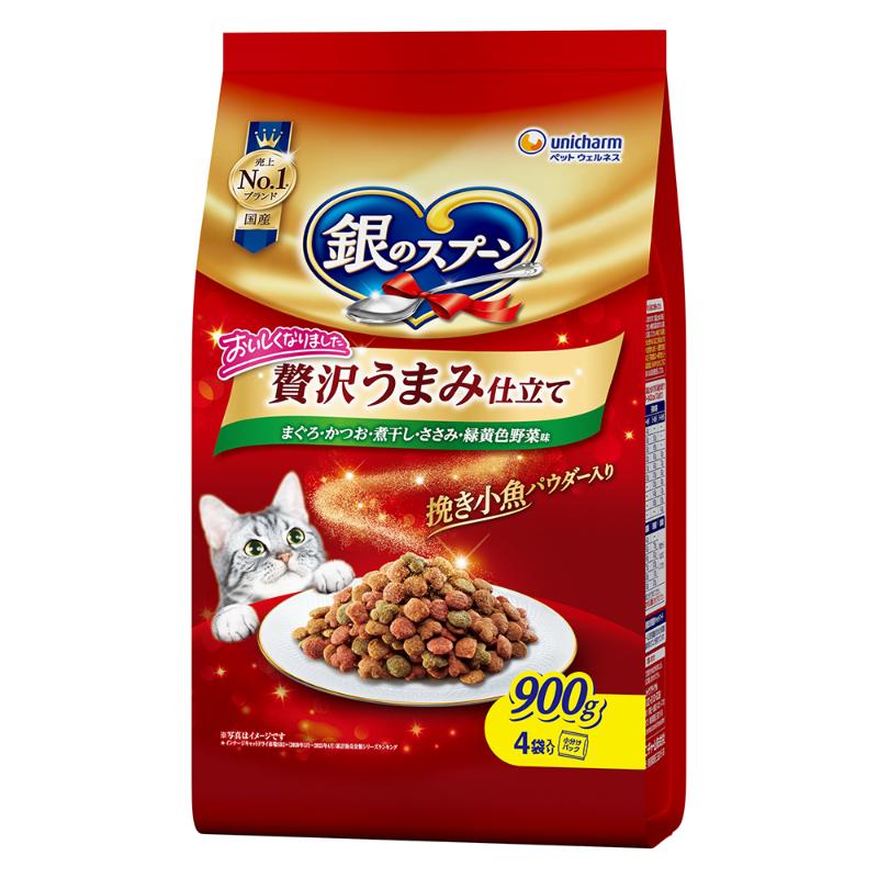 ［ユニ・チャーム］銀のスプーン 贅沢うまみ仕立て まぐろ・かつお・煮干し・ささみ・緑黄色野菜味 900g