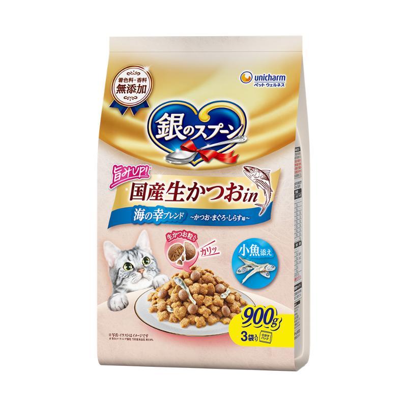 ［ユニ・チャーム］銀のスプーン 国産生かつおin 海の幸ブレンド かつお・まぐろ・しらす味 小魚添え 900g