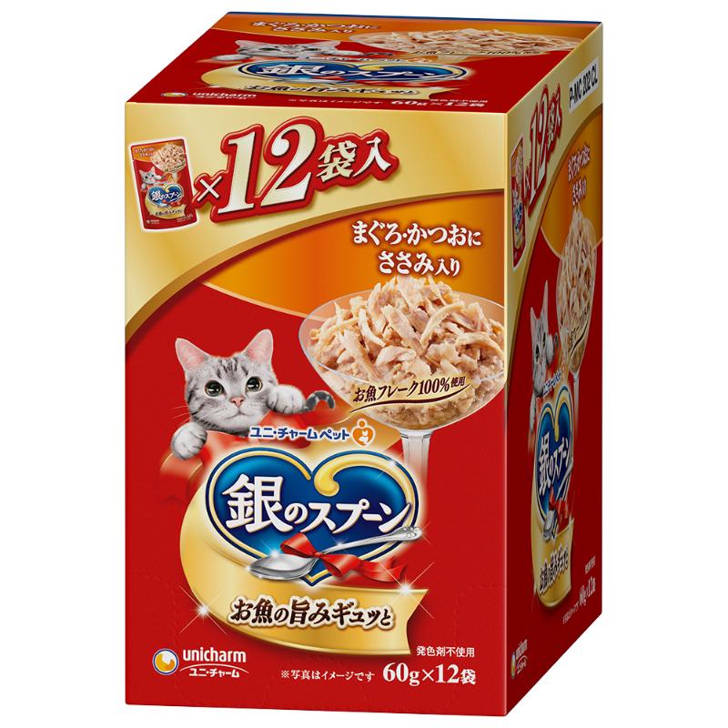 ［ユニ・チャーム］銀のスプーンパウチ まぐろ・かつおにささみ入り 60g×12袋