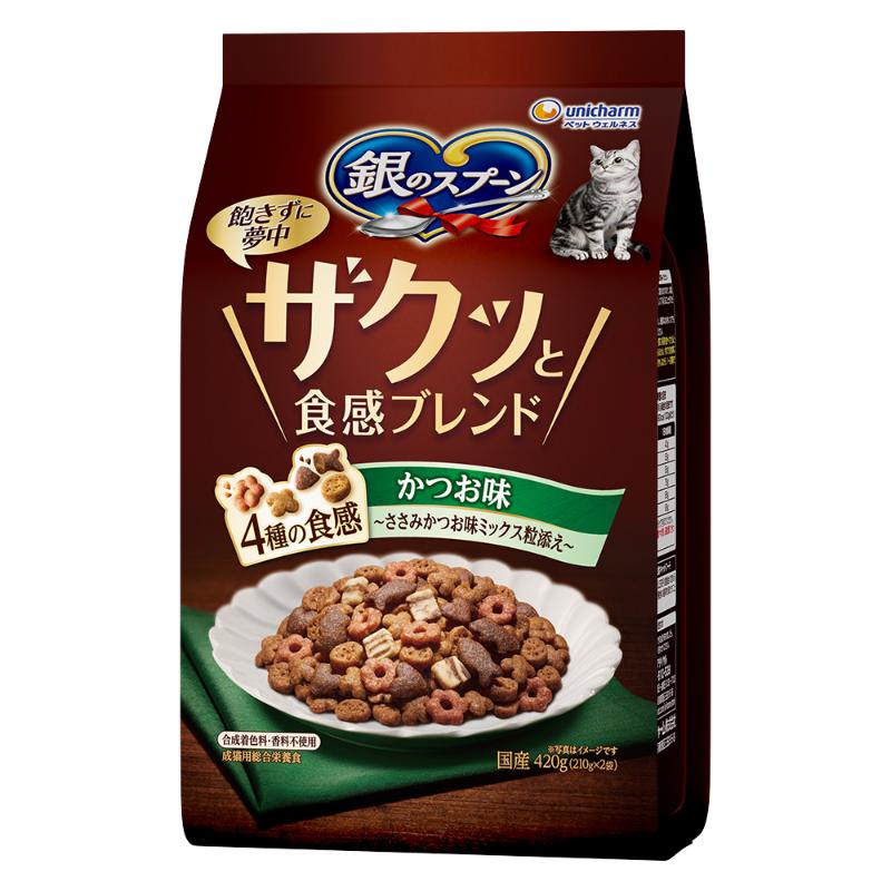 ［ユニ・チャーム］銀のスプーン ザクッと食感ブレンド かつお味 ささみかつお味ミックス粒添え 420g