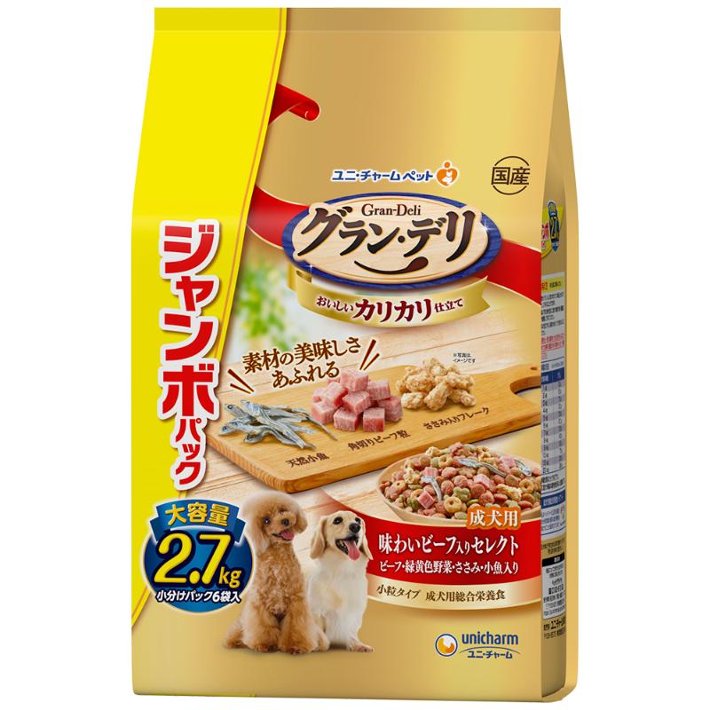 ［ユニ・チャーム］グラン・デリ カリカリ仕立て 成犬用 味わいビーフ入り セレクト ジャンボパック 2.7kg