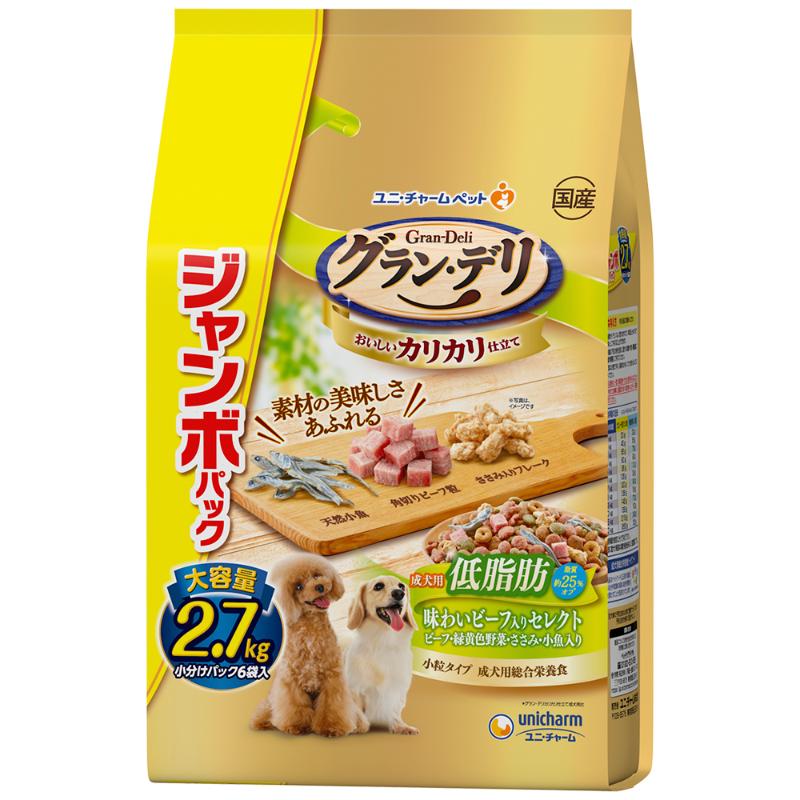 ［ユニ・チャーム］グラン・デリ カリカリ仕立て 成犬用 低脂肪 味わいビーフ入りセレクト ジャンボパック 2.7kg
