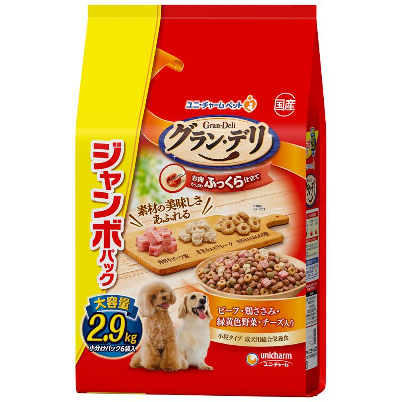 ［ユニ・チャーム］グラン・デリ ふっくら仕立て ビーフ・鶏ささみ・緑黄色野菜・チーズ・角切りビーフ粒入り ジャンボパック 2.9kg