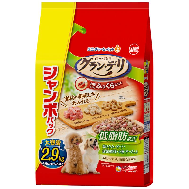 ［ユニ・チャーム］グラン・デリ ふっくら仕立て 低脂肪 鶏ささみ・ビーフ・緑黄色野菜・小魚・チーズ・角切りビーフ粒入り ジャンボパック 2.9kg