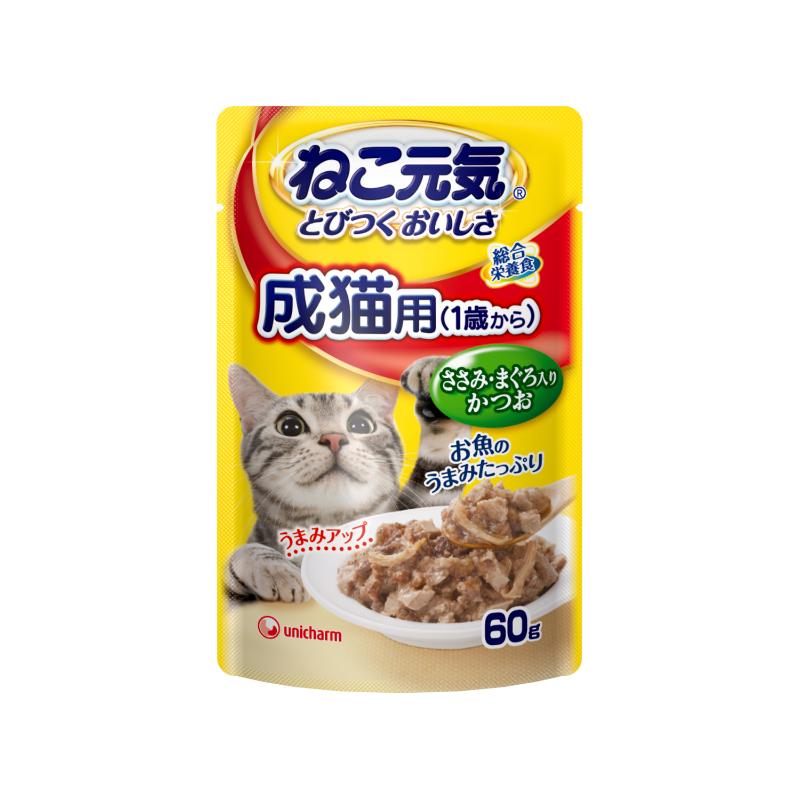 ［ユニ・チャーム］ねこ元気 総合栄養食パウチ 成猫用(1歳から) ささみ・まぐろ入りかつお 60g