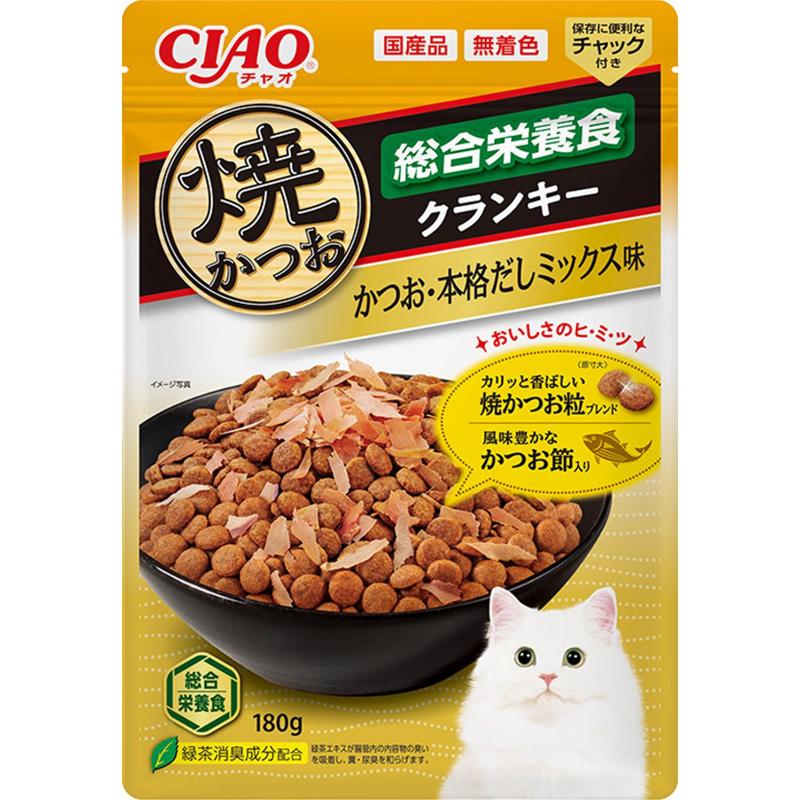 ［いなばペットフード］CIAO 焼かつおクランキー 総合栄養食 かつお節入り かつお・本格だしミックス味 180g