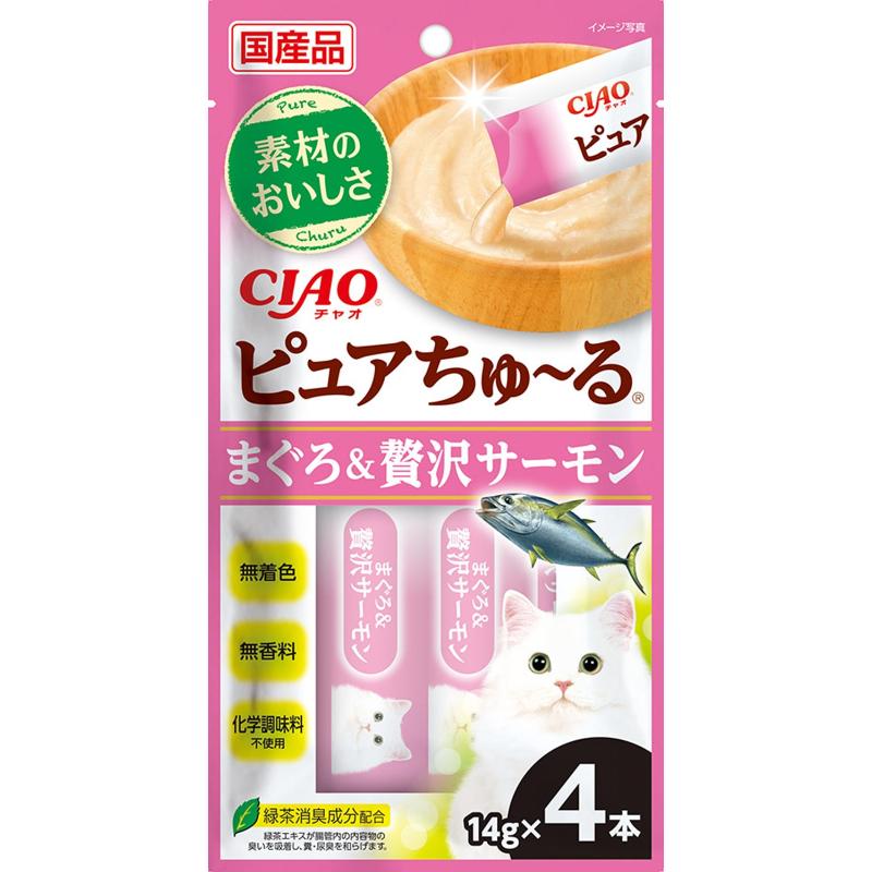 ［いなばペットフード］CIAO ピュアちゅ～る まぐろ＆贅沢サーモン 14g×4袋