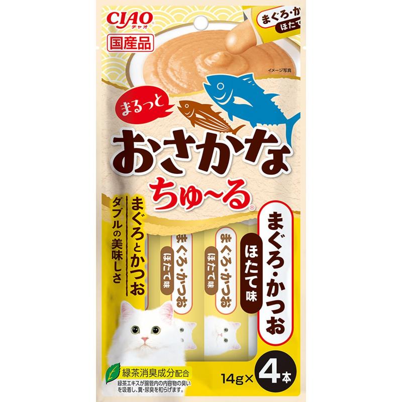 ［いなばペットフード］CIAO まるっとおさかなちゅ～る まぐろ・かつお ほたて味 14g×4本
