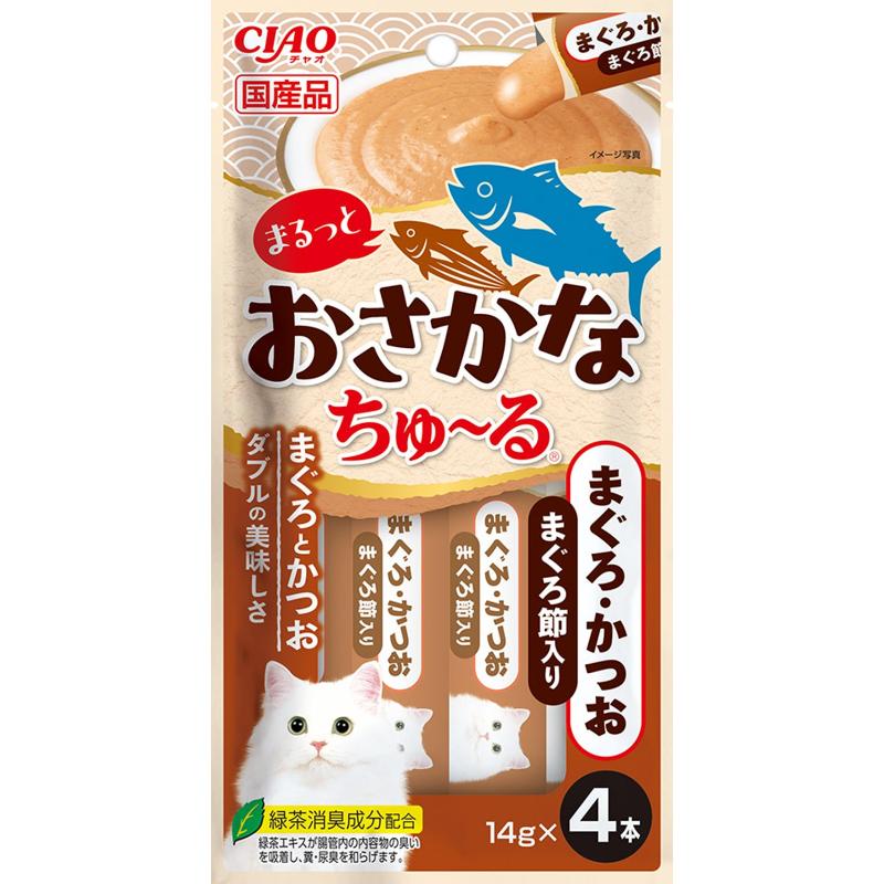 ［いなばペットフード］CIAO まるっとおさかなちゅ～る まぐろ・かつお まぐろ節入り 14g×4本