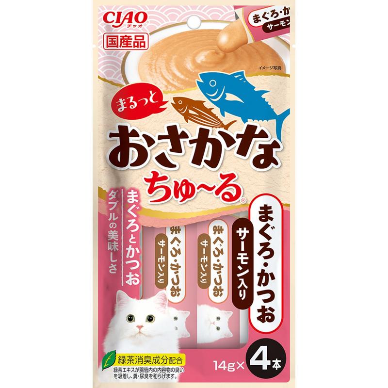 ［いなばペットフード］CIAO まるっとおさかなちゅ～る まぐろ・かつお サーモン入り 14g×4本