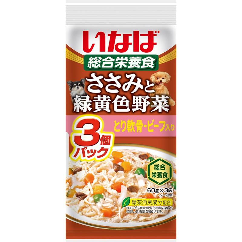［いなばペットフード(直送)］いなば ささみと緑黄色野菜 とり軟骨ビーフ入り 60g×3袋 ※メーカー直送 ※発注単位・最低発注数量(混載50ケース以上)にご注意下さい