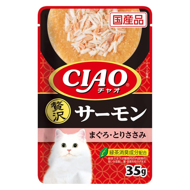 ［いなばペットフード(直送)］CIAO パウチ 贅沢 サーモン まぐろ・とりささみ 35g ※メーカー直送 ※発注単位・最低発注数量(混載50ケース以上)にご注意下さい【メーカーフェア5】